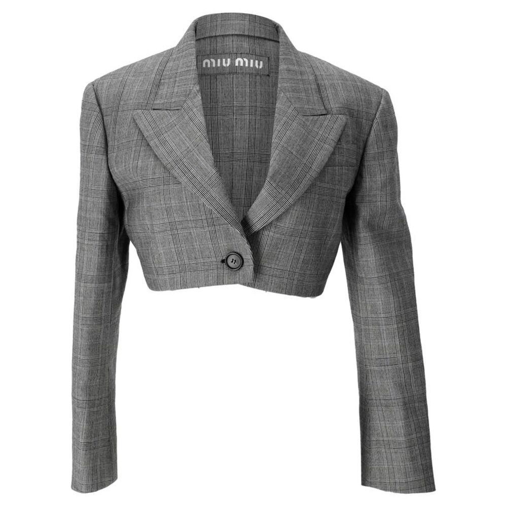 Miu Miu Prince Of Wales Cropped Blazer in Grey Wool
